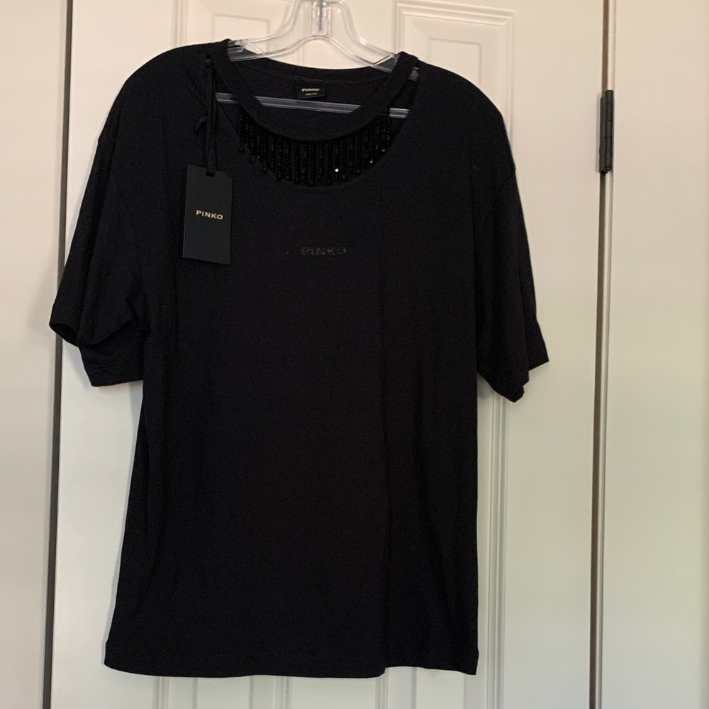 Pinko Tiphanie black T-shirt with Beaded Fringe neckline L new